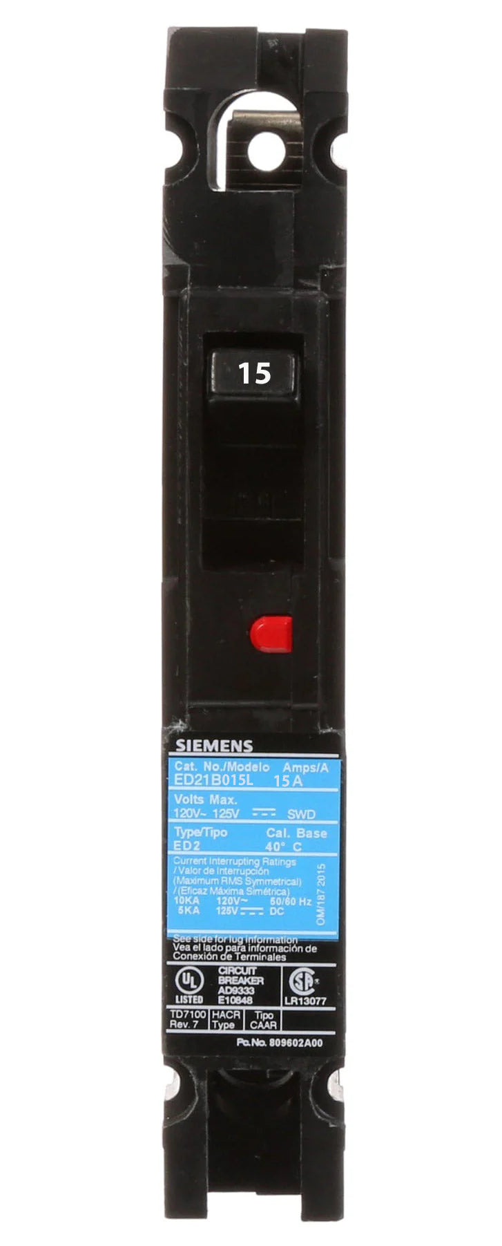 Siemens ED21B015 Molded Case Circuit Breaker – Sentron Series – ED Frame – 15A – 1 Pole – 120V – Bolt-On – 10kAIC