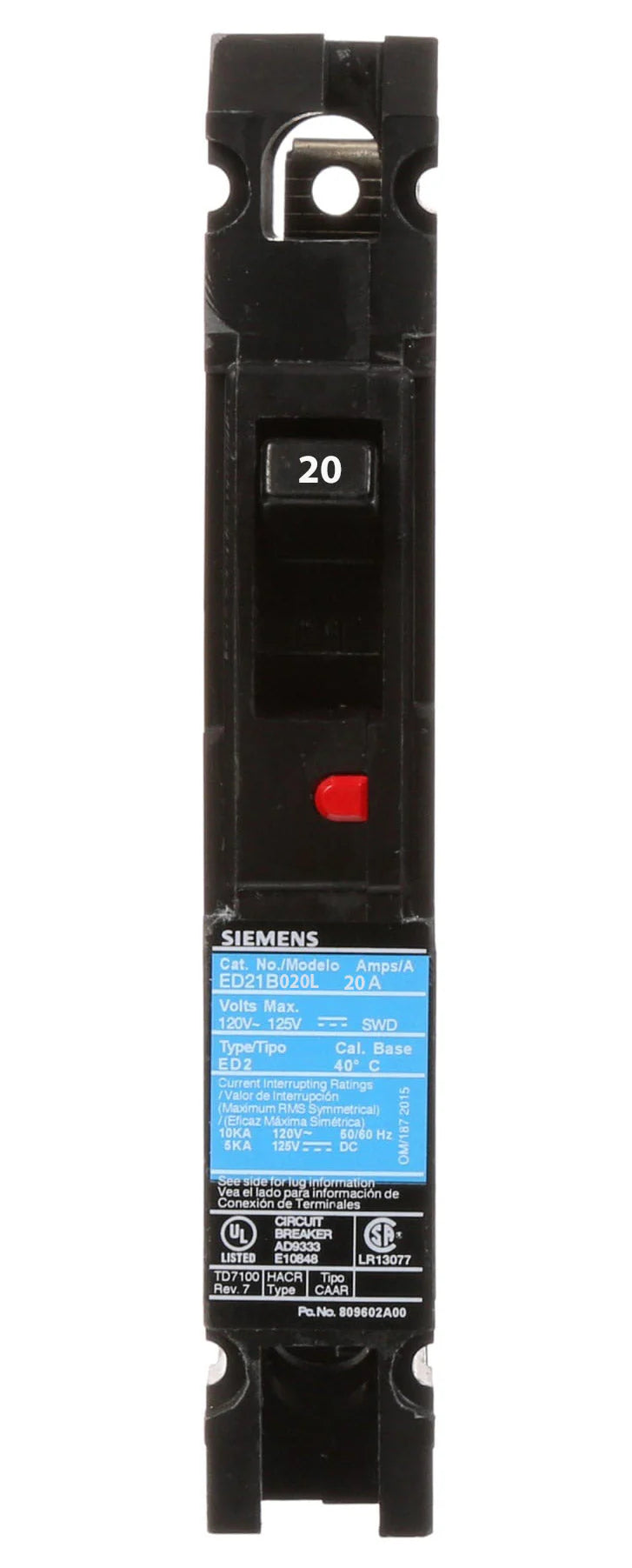 Siemens ED21B020 Molded Case Circuit Breaker – Sentron Series – ED Frame – 20A – 1 Pole – 240V – Feed-Thru – 10kAIC