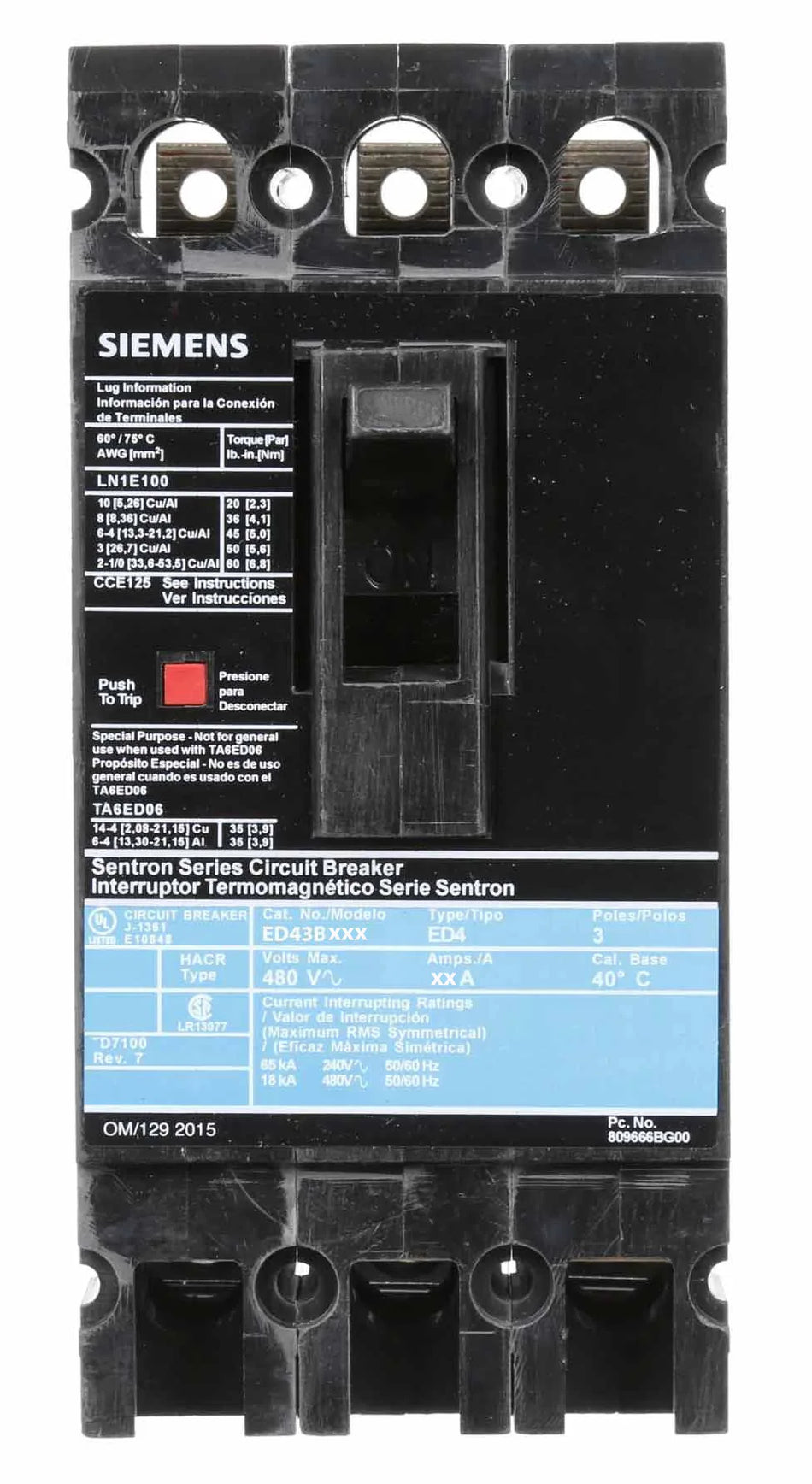 Siemens ED43B030 Molded Case Circuit Breaker – Sentron Series – ED Frame – 30A – 3 Pole – 480V – Bolt-On – 18kAIC