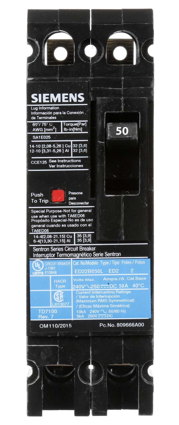 Siemens ED22B050 Molded Case Circuit Breaker – Sentron Series – ED Frame – 50A – 2 Pole – 240V – Bolt-On – 10kAIC