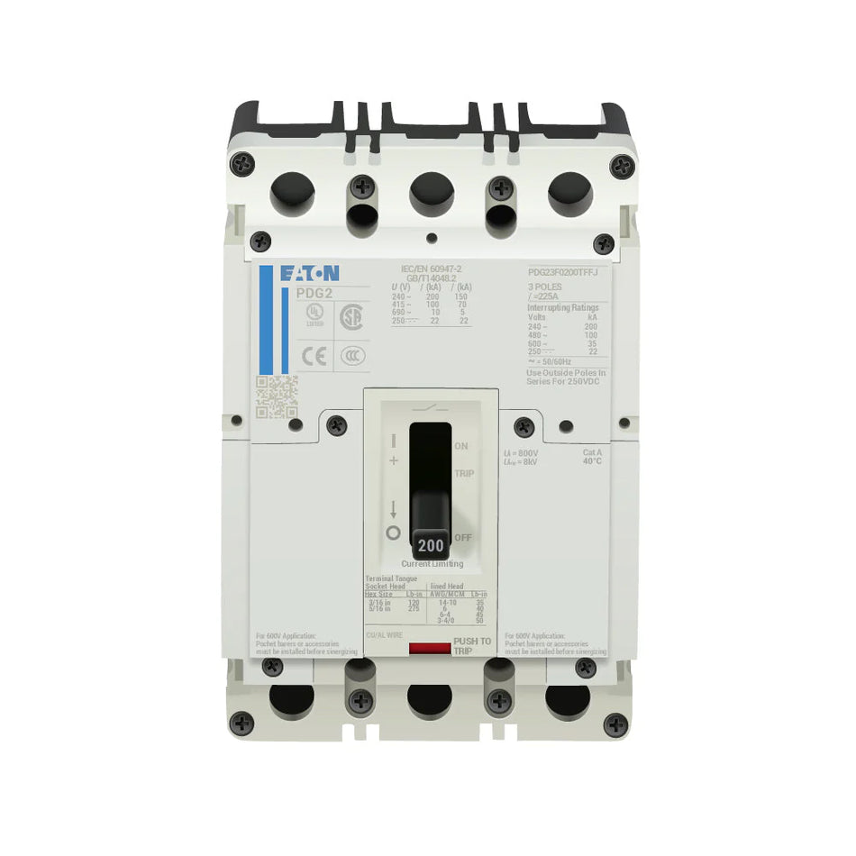 Eaton PDG23F0200TFFL – 200A 3-Pole 600V AC Molded Case Circuit Breaker, Power Defense PDG2 Series, Thermal Magnetic, 35kAIC @ 240V, 25kAIC @ 480V, 14kAIC @ 600V