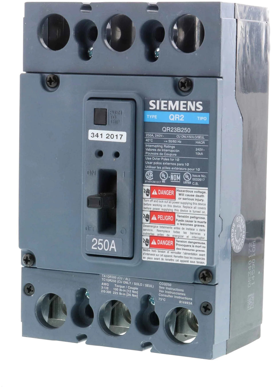 Siemens QRH23B250 Circuit Breaker – QR Series – 250A – 3 Pole – 240VAC – Bolt-On – Thermal Magnetic – High Interrupting Capacity