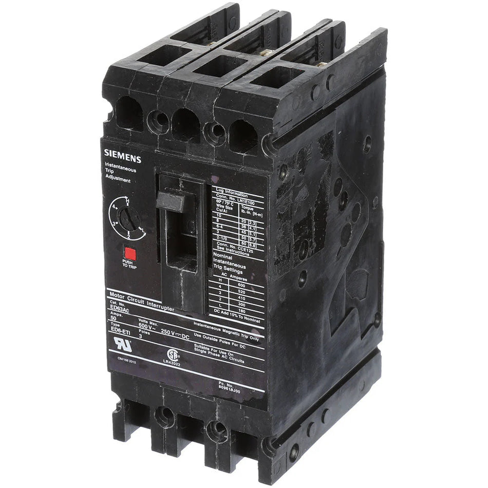Siemens ED63A125 Motor Circuit Protector (MCP) – Sentron Series – ED Frame – 125A – 3 Pole – 600V – Magnetic Only – Bolt-On