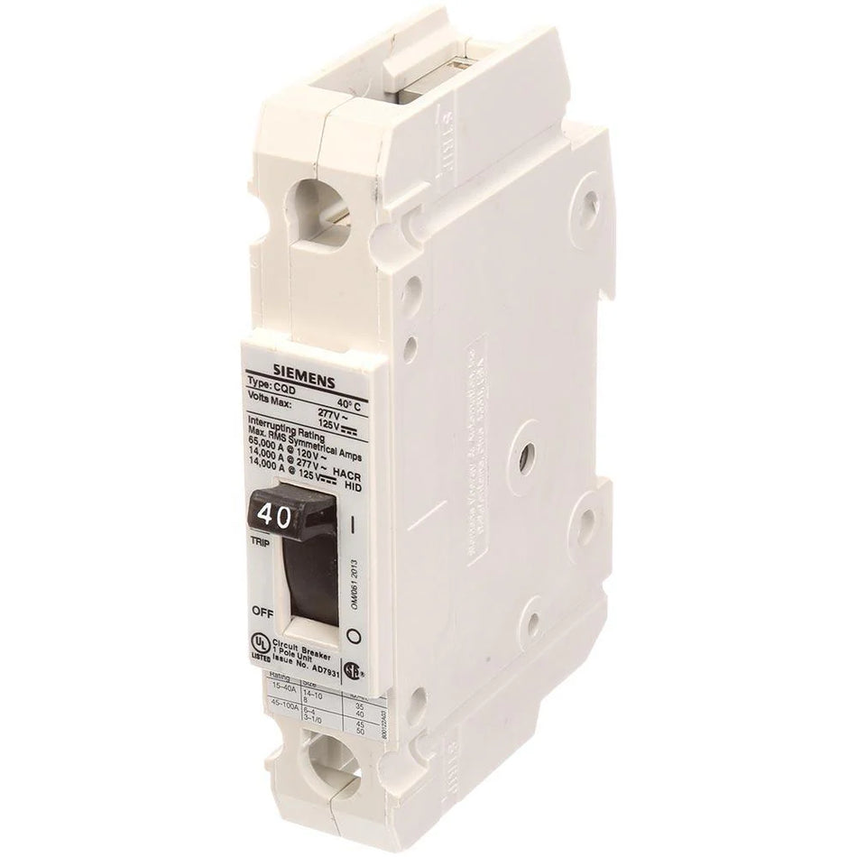 Siemens CQD140 Molded Case Circuit Breaker – CQD Series – 40A – 1 Pole – 277V – Feed-Thru – 14kAIC