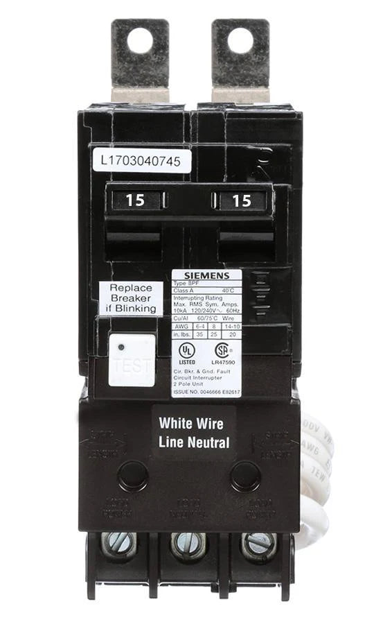 Siemens BF215A Ground Fault Circuit Interrupter (GFCI) Circuit Breaker – BL Series – 15A – 2 Pole – 240V – Bolt-On – 10kAIC