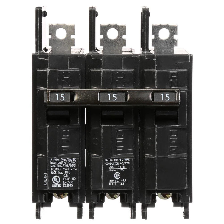 Siemens BQ3B015 Molded Case Circuit Breaker – BQ Series – 15A – 3 Pole – 120/240V – Bolt-On – 10kAIC