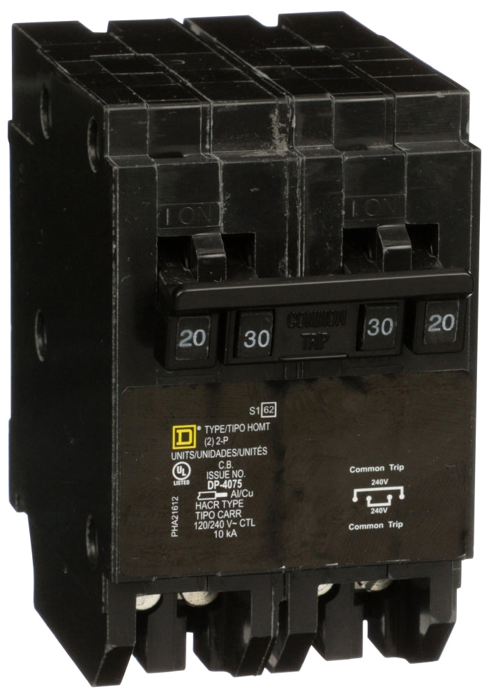 Square D Homeline HOMT220230 Quad Tandem 2 x 2-Pole (20A + 30A) Miniature Circuit Breaker – Plug-In – 120/240V AC