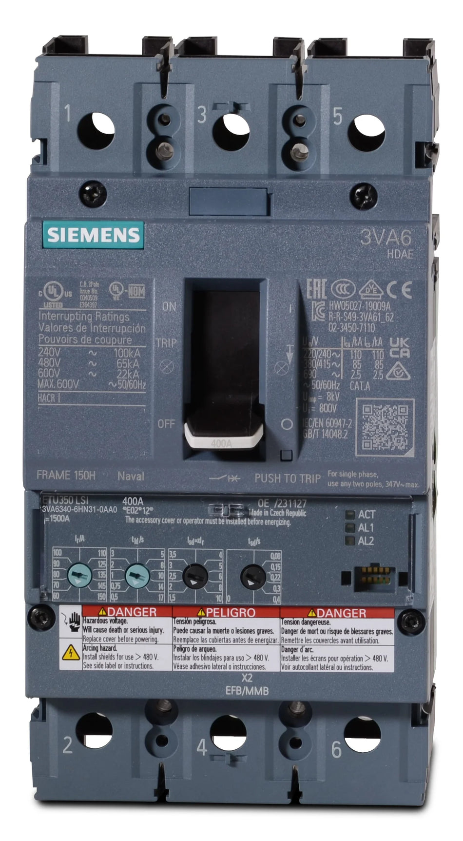 Siemens 3VA6460-5HL31-0AA0 600 Amp 3-Pole Molded Case Circuit Breaker – Panel Mount – 240/480/600VAC Rated