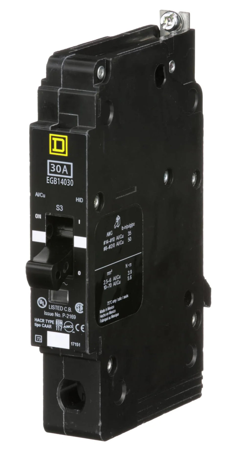 Square D EGB14030 Bolt-On Circuit Breaker – 1 Pole – 30A – 277V AC – Thermal Magnetic – E-Frame