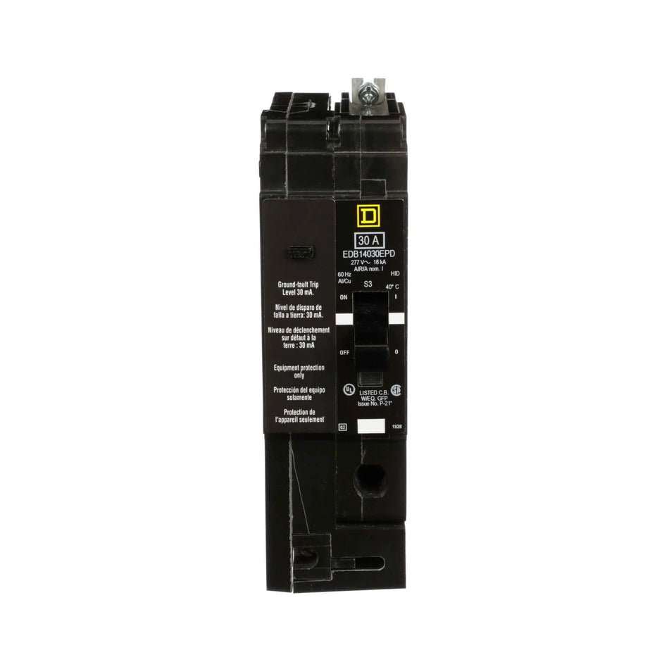 Square D EDB14030EPD Molded Case Circuit Breaker – 1 Pole – 30A – 277VAC – Bolt-On – E-Frame – Thermal Magnetic – Equipment Protection Device