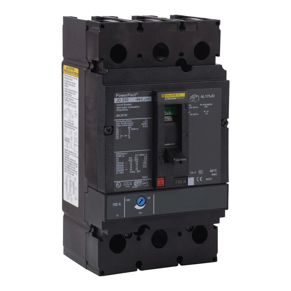 Square D JDL26150 Molded Case Circuit Breaker – 2 Pole – 150A – 600V – Feed-Thru – Thermal Magnetic – LI Protection