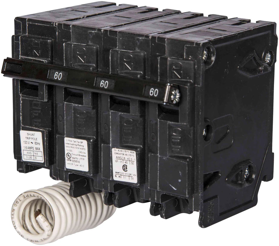 Siemens Q38000S01 Circuit Breaker – QP Series – 80A – 3 Pole – 240VAC – Plug-In – Thermal Magnetic – 120V Shunt Trip