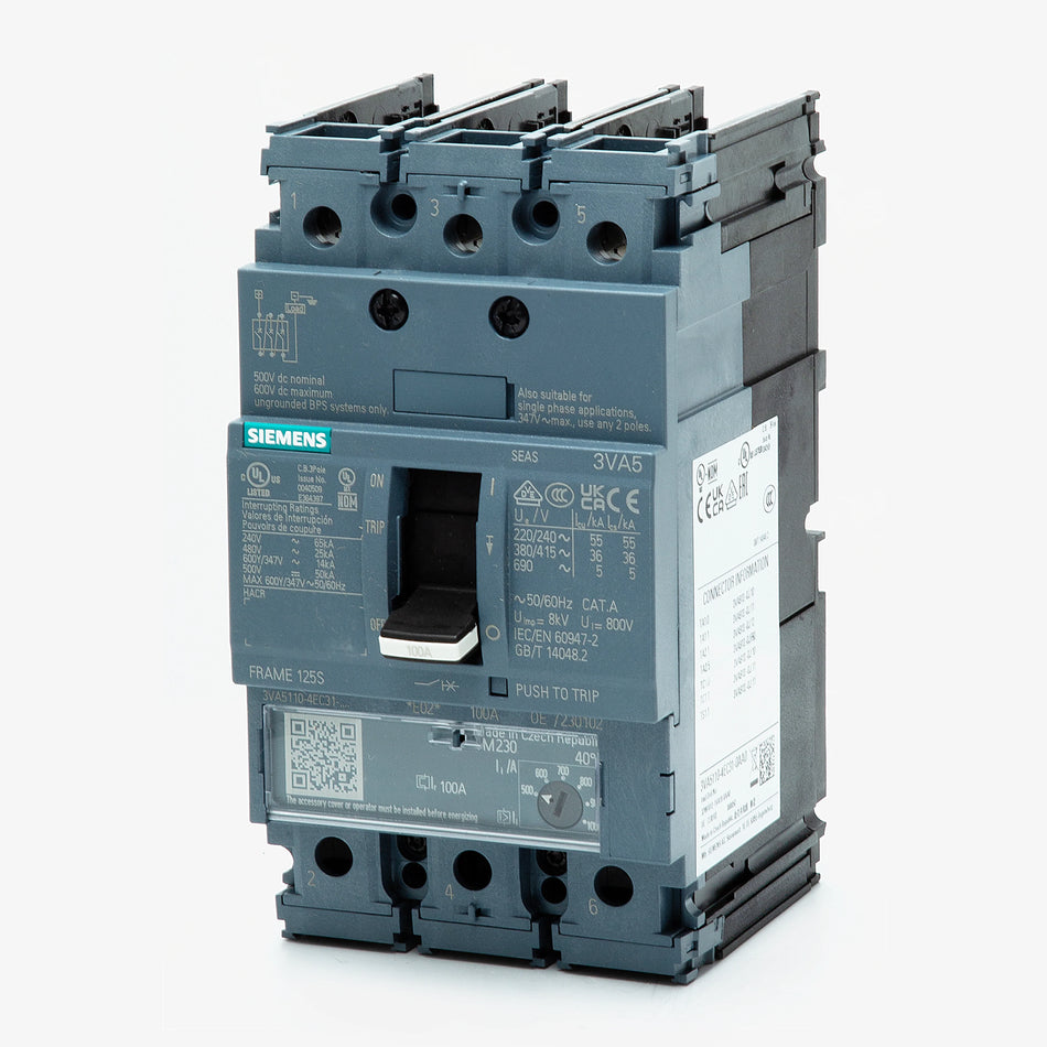 Siemens 3VA5150-5EF31-0AA0 50 Amp 3-Pole Molded Case Circuit Breaker – Panel Mount – 240/480/600Y-347VAC & 500VDC