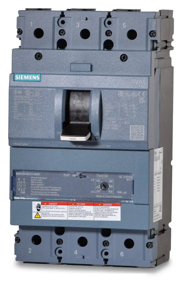 Siemens 3VA5110-5EC31-0AA0 100A 3P Molded Case Circuit Breaker – Panel Mount – 480V AC