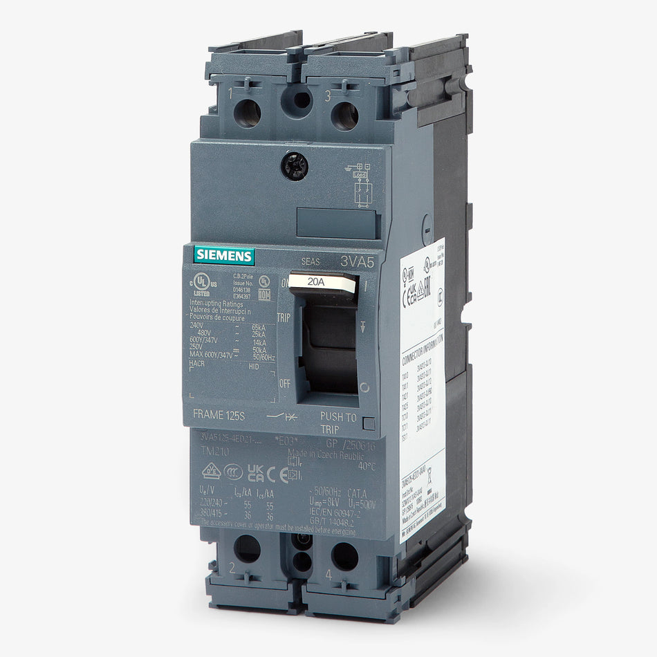 Siemens 3VA5120-6ED11-0AA0 20A 2P Molded Case Circuit Breaker – Feed-Thru – 480V AC
