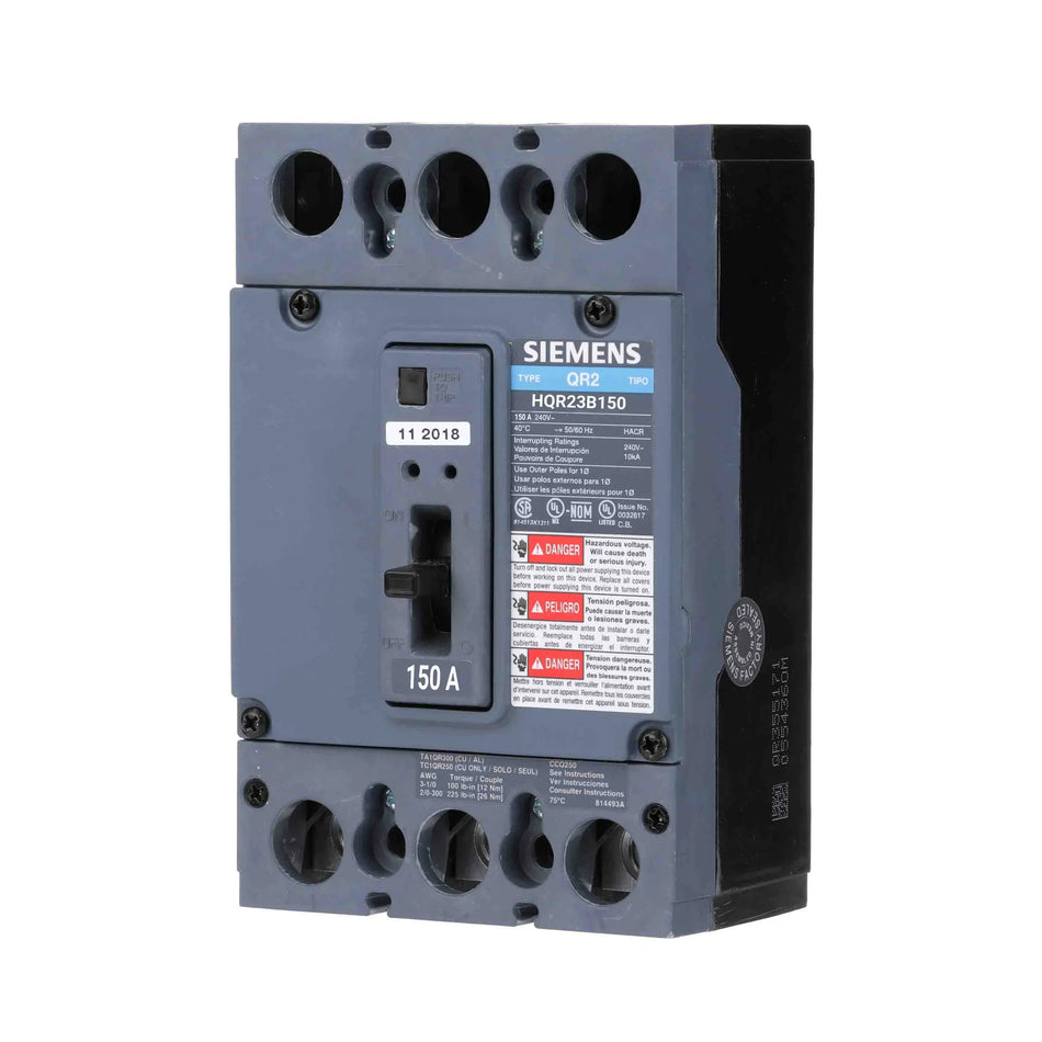 Siemens HQR23B150 Circuit Breaker – QR Series – 150A – 3 Pole – 240VAC – Thermal Magnetic – Bolt-On