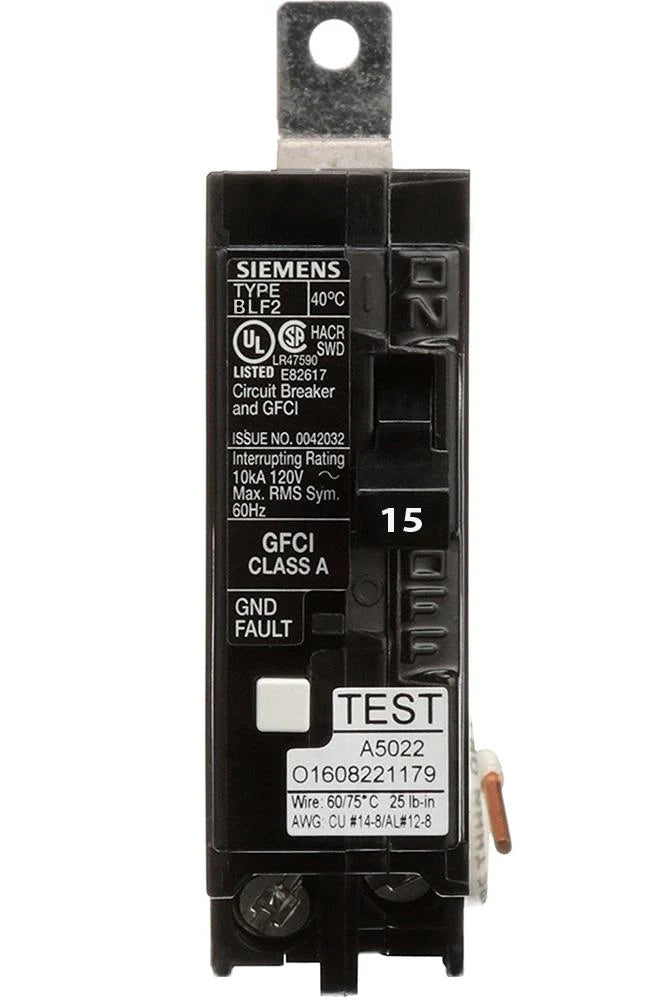 Siemens BF115A Ground Fault Circuit Interrupter (GFCI) Circuit Breaker – BL Series – 15A – 1 Pole – 120V – Bolt-On – 10kAIC