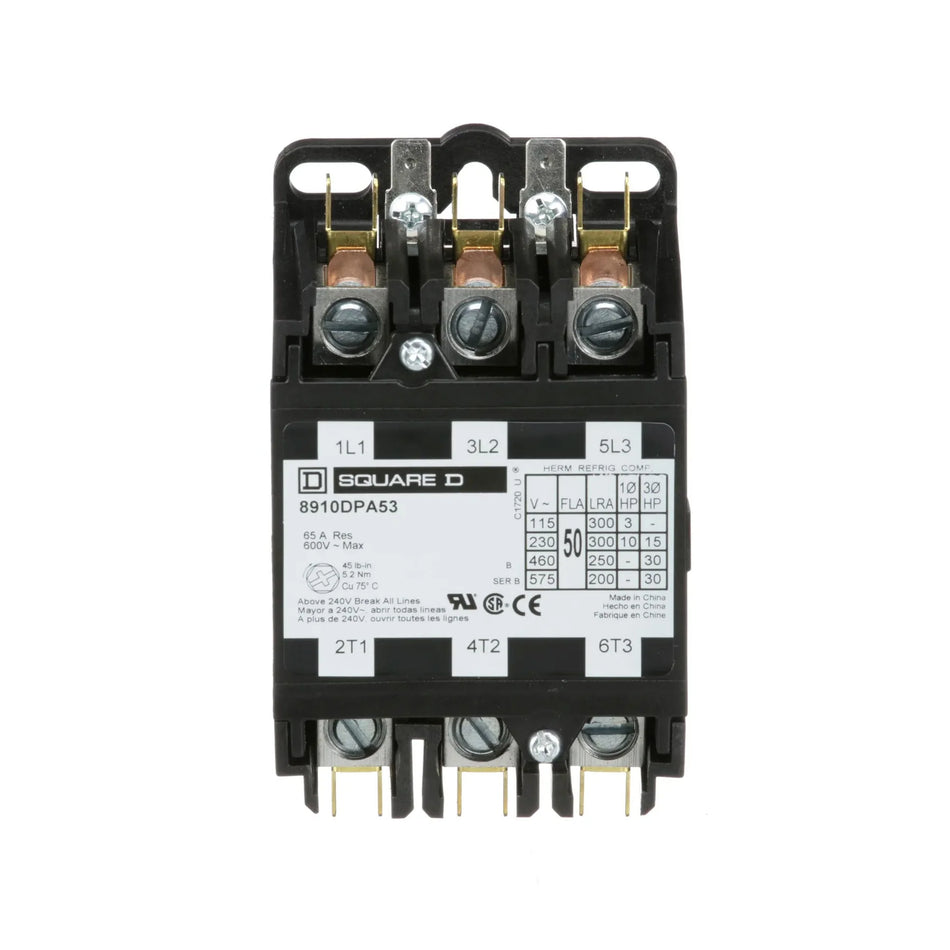 Square D 8910DPA53V09 Definite Purpose Contactor – 3 Pole – 50A – 600VAC – 208–240VAC Coil – HVACR
