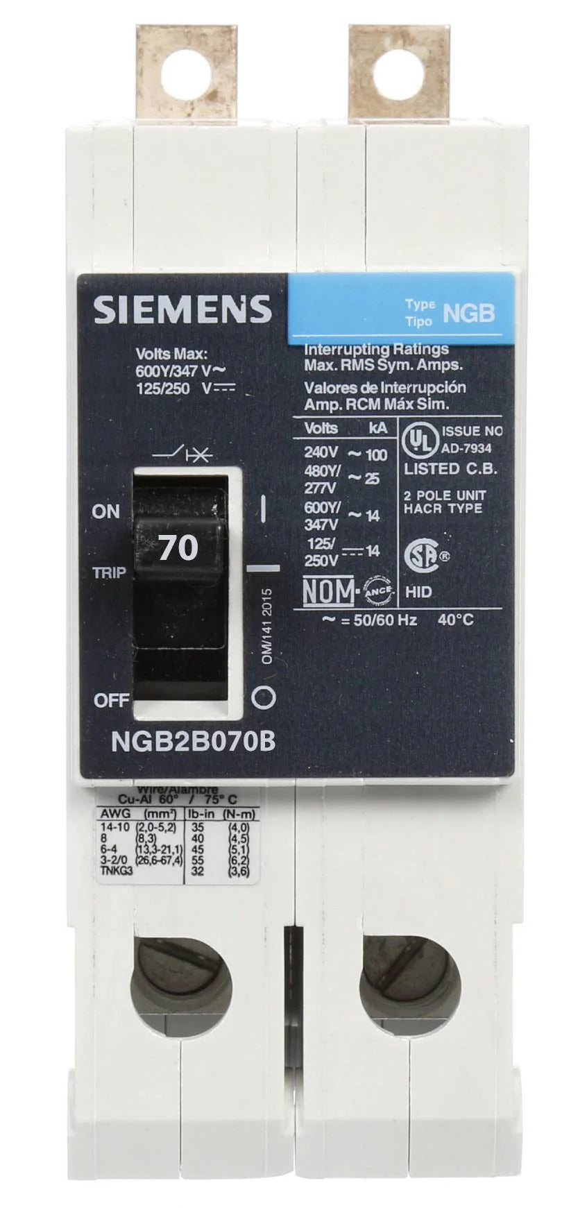 Siemens NGB2B070B Circuit Breaker – VL Series – NGB Frame – 70A – 2 Pole – 600VAC – Bolt-On – Thermal Magnetic