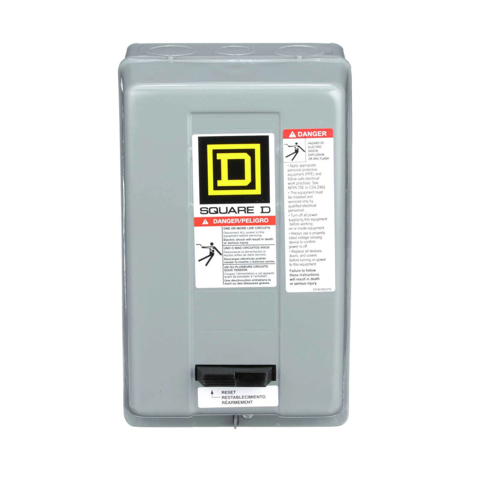 Square D 8536SCG3V02S Motor Starter – Class 8536 – Type S – NEMA Size 1 – 27A – 3 Pole – 120VAC Coil – Enclosed