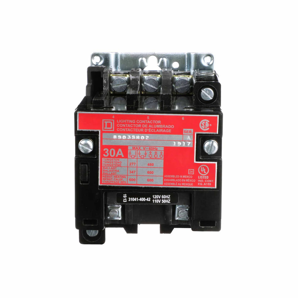 Square D 8903SMO2V02 Lighting Contactor – Class 8903S – 3 Pole – 30A – 120VAC Coil – Electrically Held – Open Type