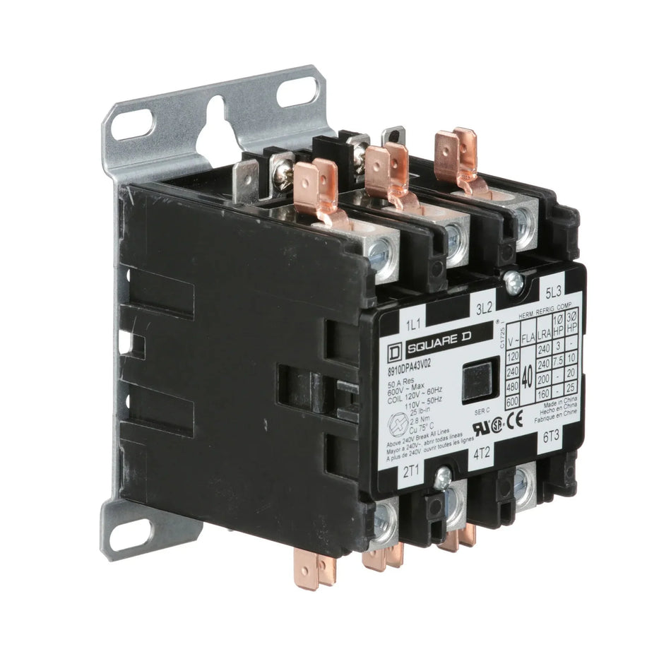 Square D 8910DPA43V02 Definite Purpose Contactor – 3 Pole – 40A – 600VAC – 120VAC Coil – Non-Reversing