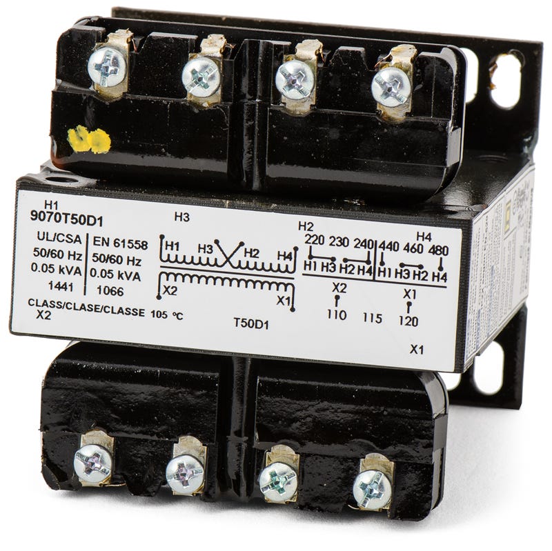 Square D 9070T50D1 Industrial Control Transformer – Class 9070 – 50VA – 240/480V Primary – 120V Secondary – Open Type – Copper Winding
