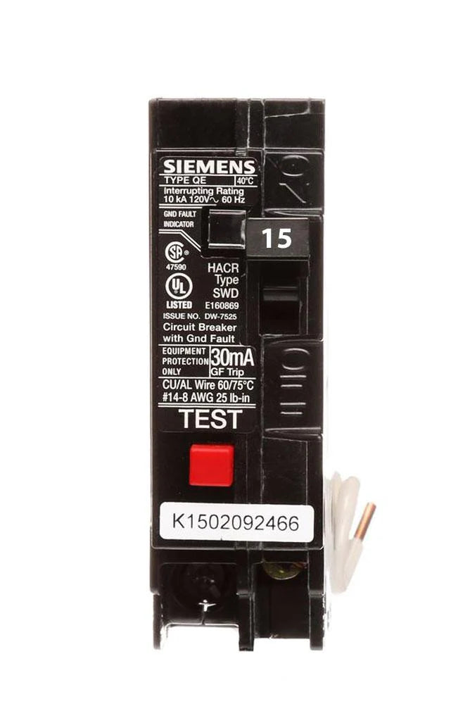 Siemens QE115 Circuit Breaker – QE Series – 15A – 1 Pole – 120VAC – Plug-In – 30mA GFEP – Thermal Magnetic