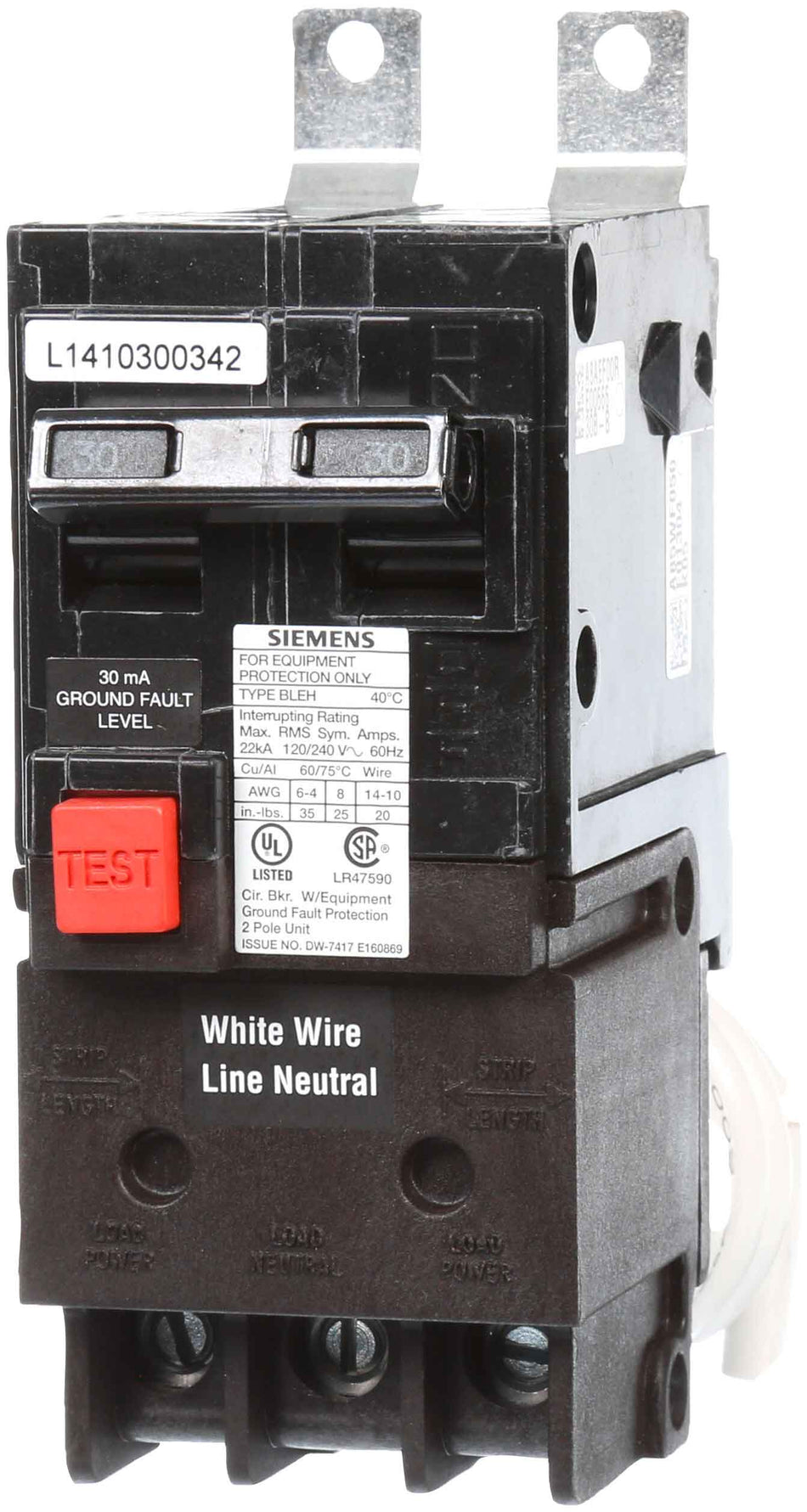 Siemens BE230H Molded Case Circuit Breaker – BL Series – 30A – 2 Pole – 120/240V – 22kAIC – Bolt-On – BLEH GFCI Equipment Protection