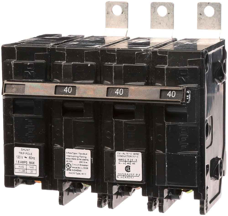 Siemens B34500S01 Molded Case Circuit Breaker – BL Series – 45A – 3 Pole – 240V – 10kAIC – Bolt-On – 120V Shunt Trip
