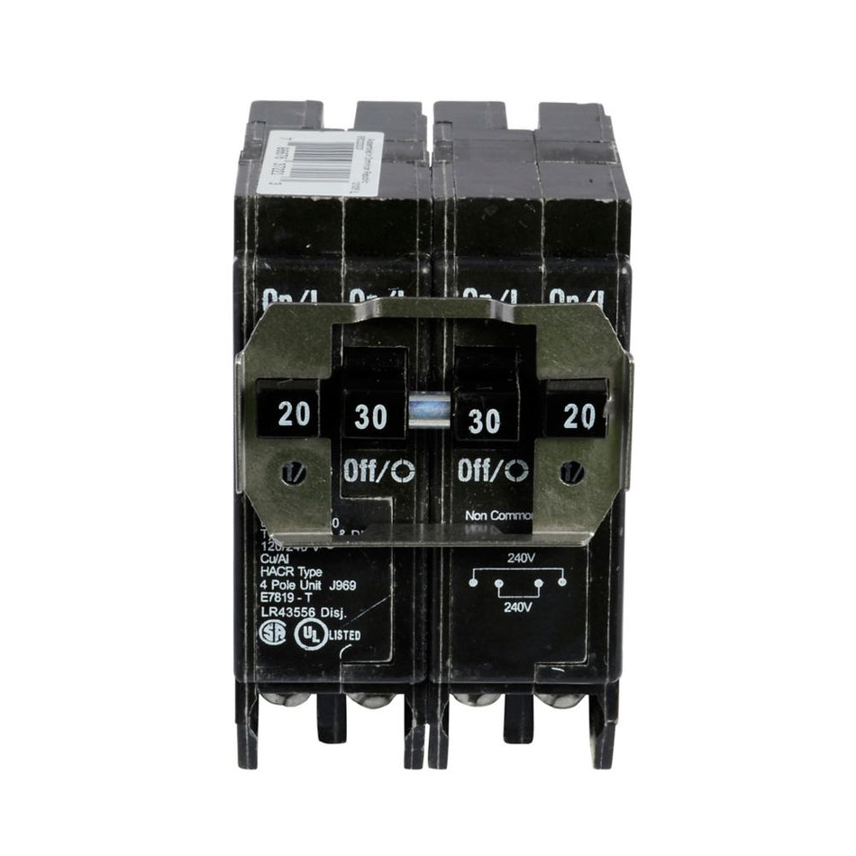 Eaton BRD220230 BR Thermal Magnetic Circuit Breaker – (2) 20A, (2) 30A, 4-Pole, 120/240V