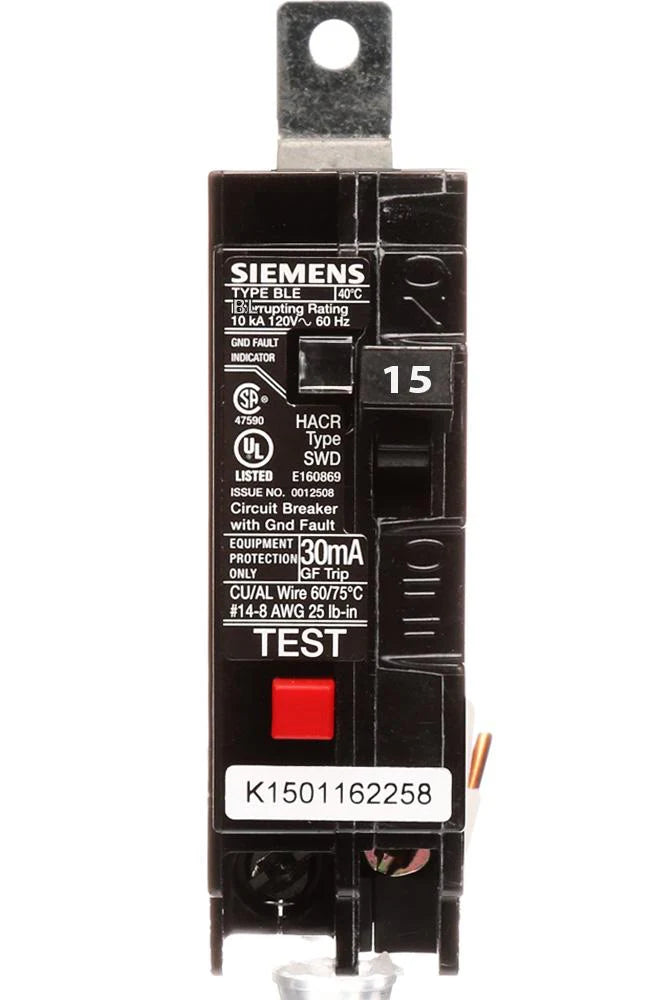 Siemens BE115 Ground Fault Equipment Protection (GFEP) Circuit Breaker – BE Series – 15A – 1 Pole – 120V – 30mA – Bolt-On – 10kAIC