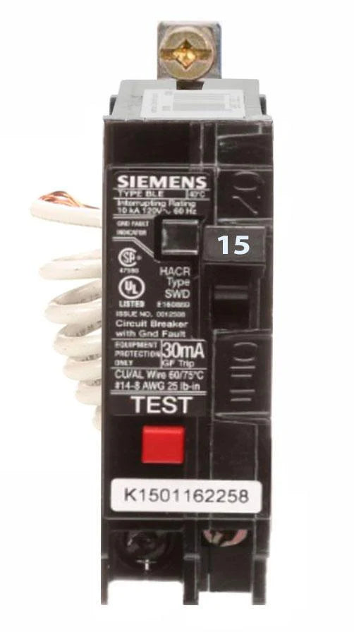 Siemens BE115H Molded Case Circuit Breaker – BL Series – 15A – 1 Pole – 120V – 22kAIC – Bolt-On – GFEP/GFI Protection