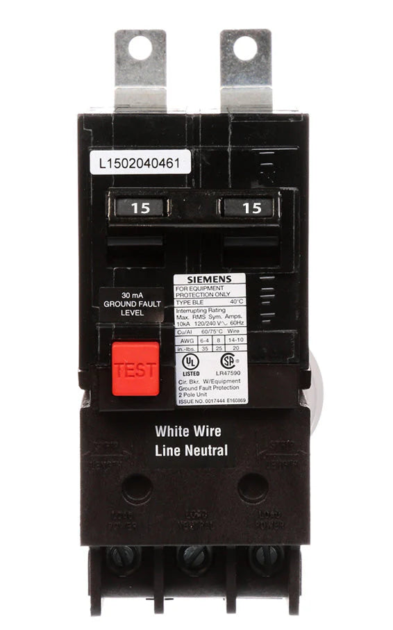 Siemens B215EG Ground Fault Circuit Interrupter (GFCI) Circuit Breaker – 15A – 2 Pole – 240V – 30mA – 10kAIC