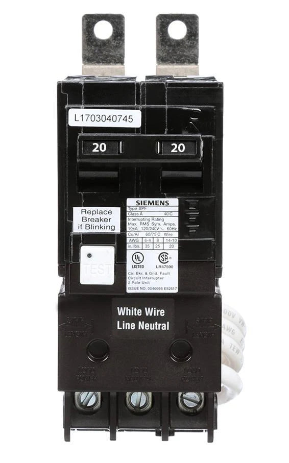 Siemens B220GF Ground Fault Circuit Interrupter (GFCI) Circuit Breaker – 20A – 2 Pole – 240V – 5mA – 10kAIC