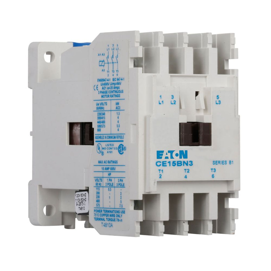 Eaton CE15BNS3AB XT IEC Contactor – 10A, 3-Pole, 110–120VAC Coil, 45mm Frame