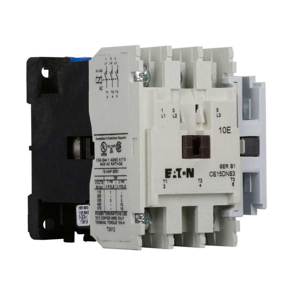 Eaton CE15DNS3AB XT IEC Contactor – 18A, 3-Pole, 110–120VAC Coil, 55mm Frame