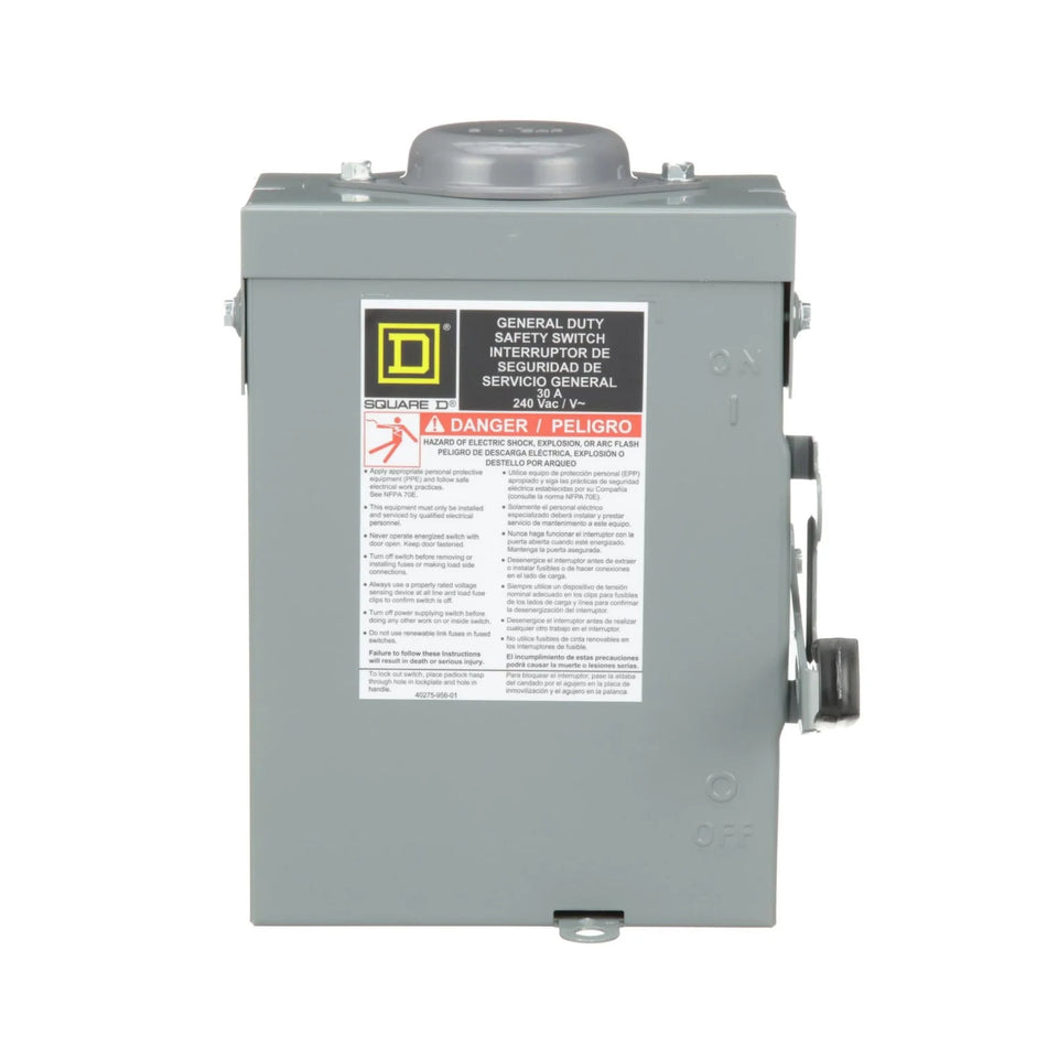 Square D DU321RB Safety Switch – 3 Pole – 30A – 240VAC – Non-Fusible – General Duty – NEMA 3R