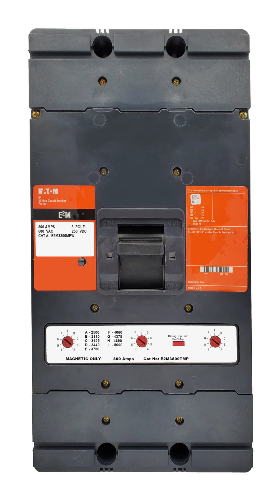 Eaton Cutler Hammer E2M3800MPW 800A 3 Pole Molded Case Mining Circuit Breaker – Bolt On – 600VAC