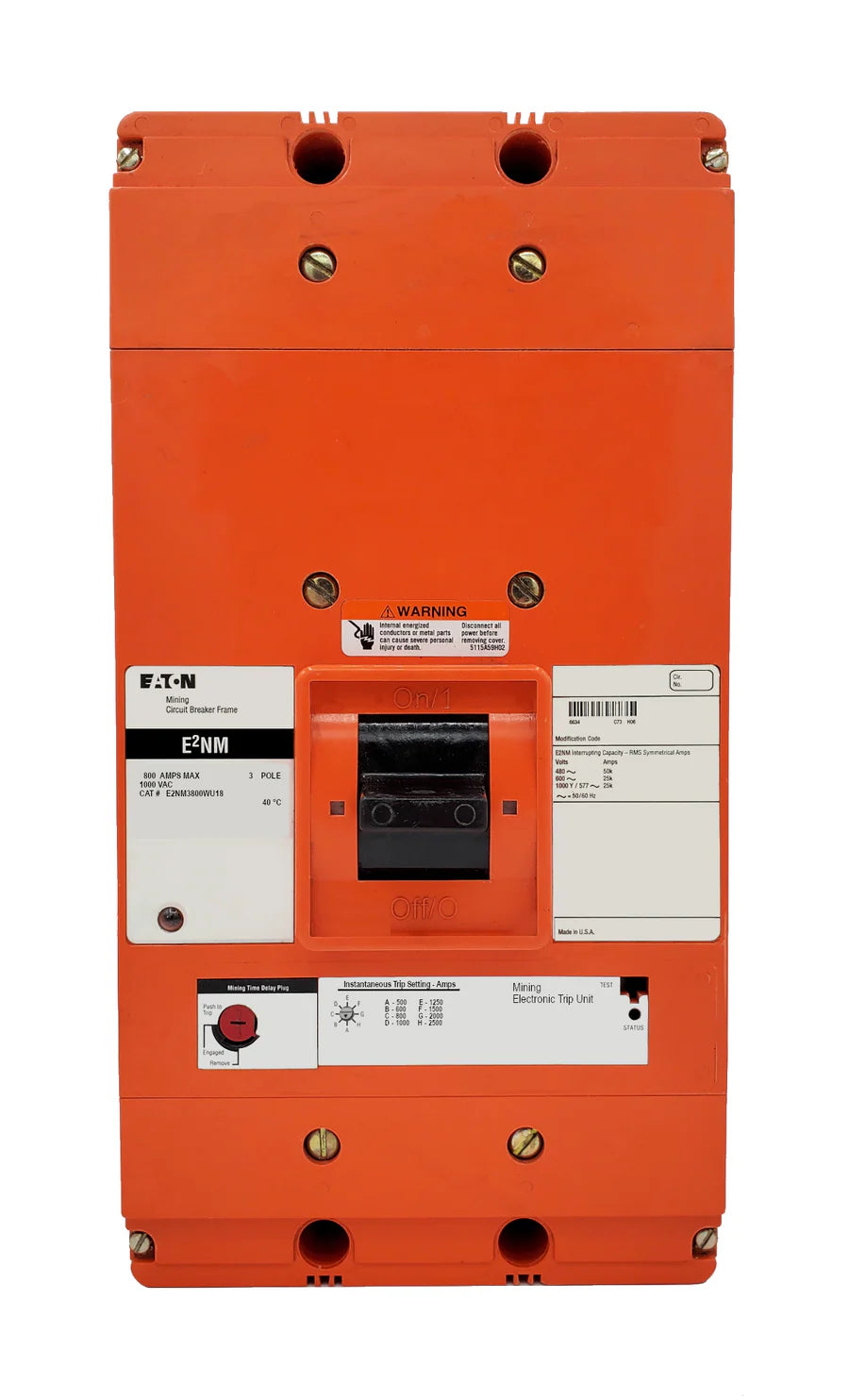 Eaton Cutler Hammer Mining E2NM3800WU18 800A 3 Pole Molded Case Mining Circuit Breaker – Bolt-On Mount – 1000VAC