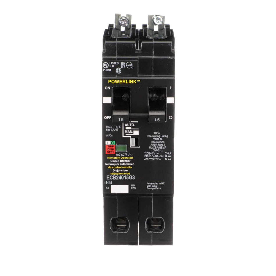 Square D ECB24015G3 Molded Case Circuit Breaker – 2 Pole – 15A – 480VAC – Powerlink ECB-G3 – Bolt-On – Thermal Magnetic