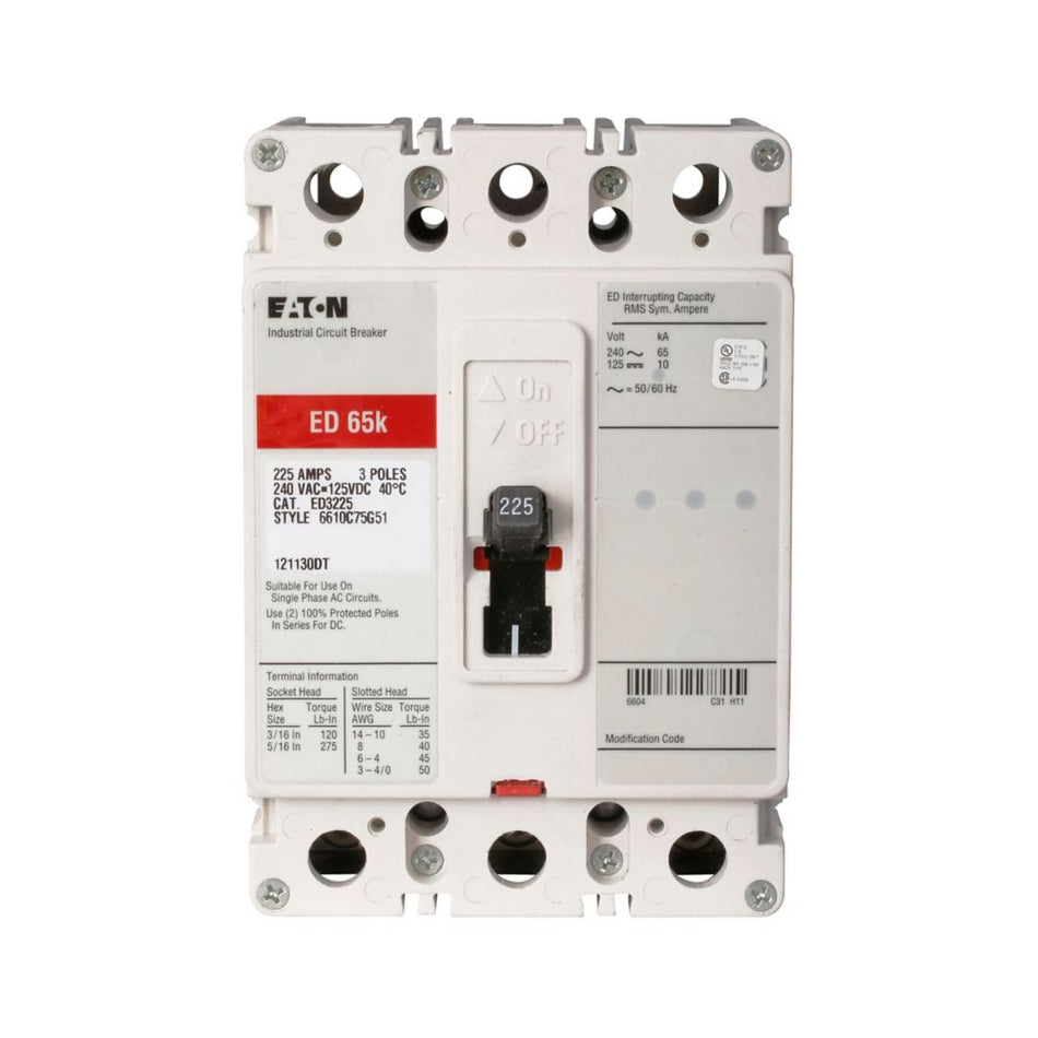 Eaton ED3175 Series C Molded Case Circuit Breaker – 175A, 3-Pole, 240VAC, 65 kAIC