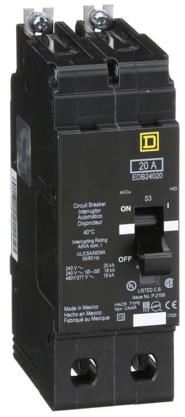 EDB24020 - Square D Bolt-on 480Y/277 VACV 20A 2 pole circuit breaker 18kA@480V
