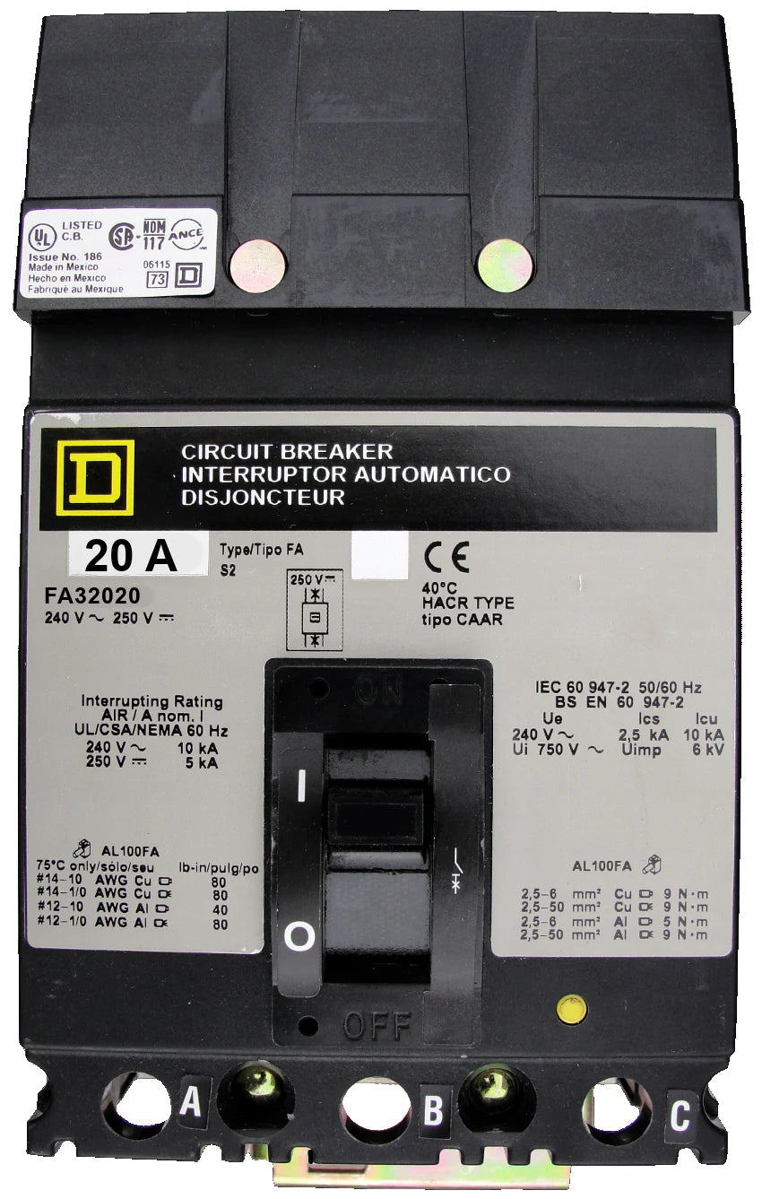 Square D FA32020 20A 3 Pole Molded Case Circuit Breaker – Plug In – 240VAC