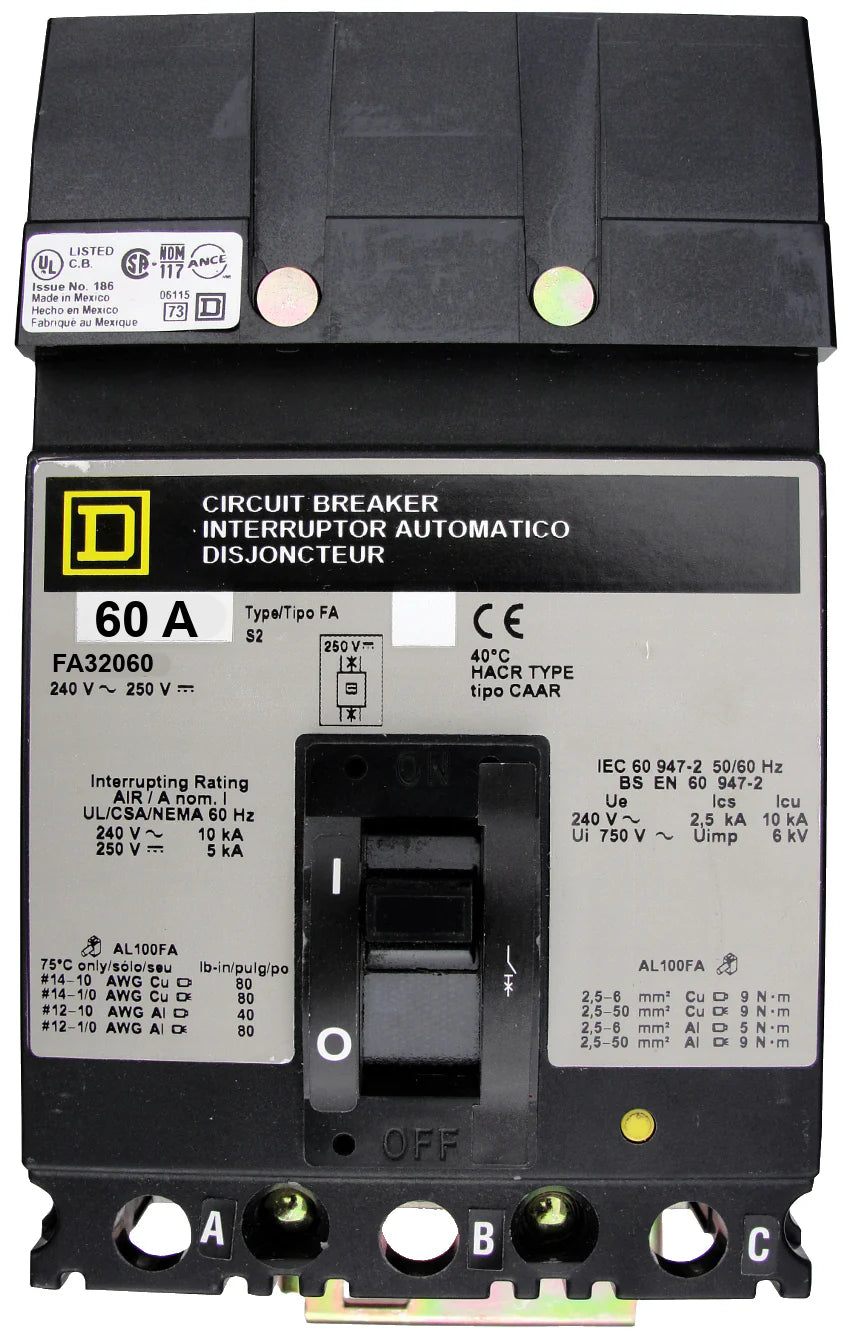 Square D FA32060 60A 3 Pole Molded Case Circuit Breaker – I-Line Mount – 240VAC