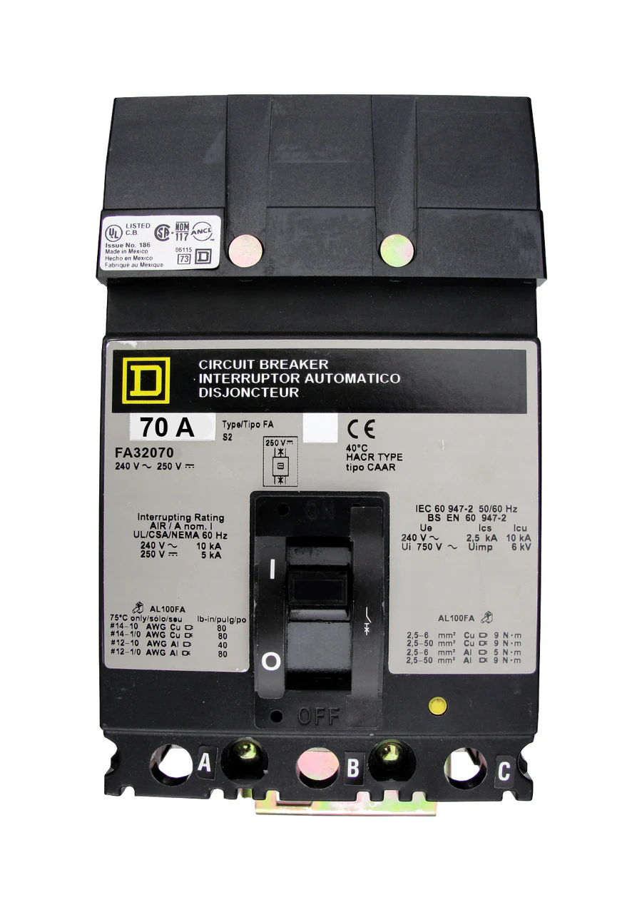 Square D FA32070 70A 3 Pole Molded Case Circuit Breaker – I-Line Mount – 240VAC