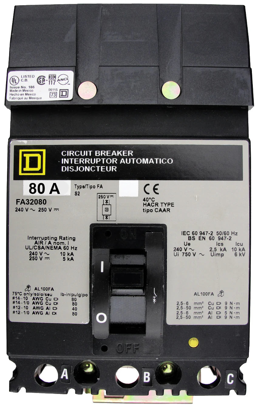 Square D FA32080 80A 3 Pole Molded Case Circuit Breaker – I-Line Mount – 240VAC