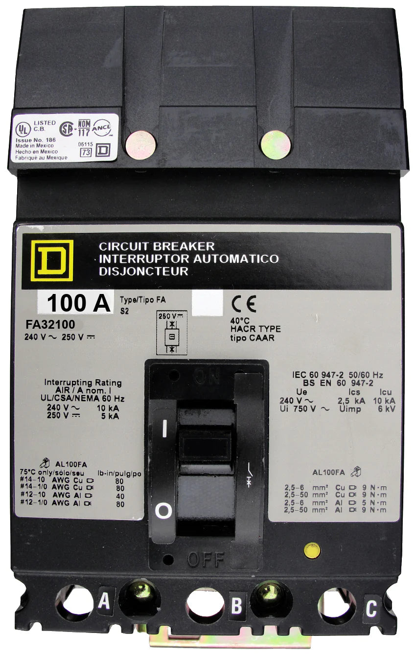 Square D FA32100 100A 3 Pole Molded Case Circuit Breaker – I-Line Mount – 240VAC