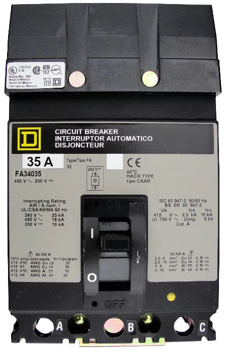 Square D FA34035 35A 3 Pole Molded Case Circuit Breaker – I-Line Mount – 480VAC