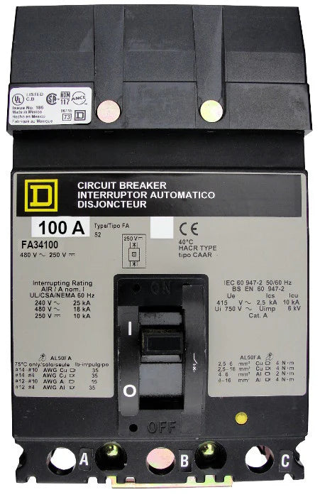 Square D FA34100 100A 3 Pole Molded Case Circuit Breaker – I-Line Mount – 480VAC